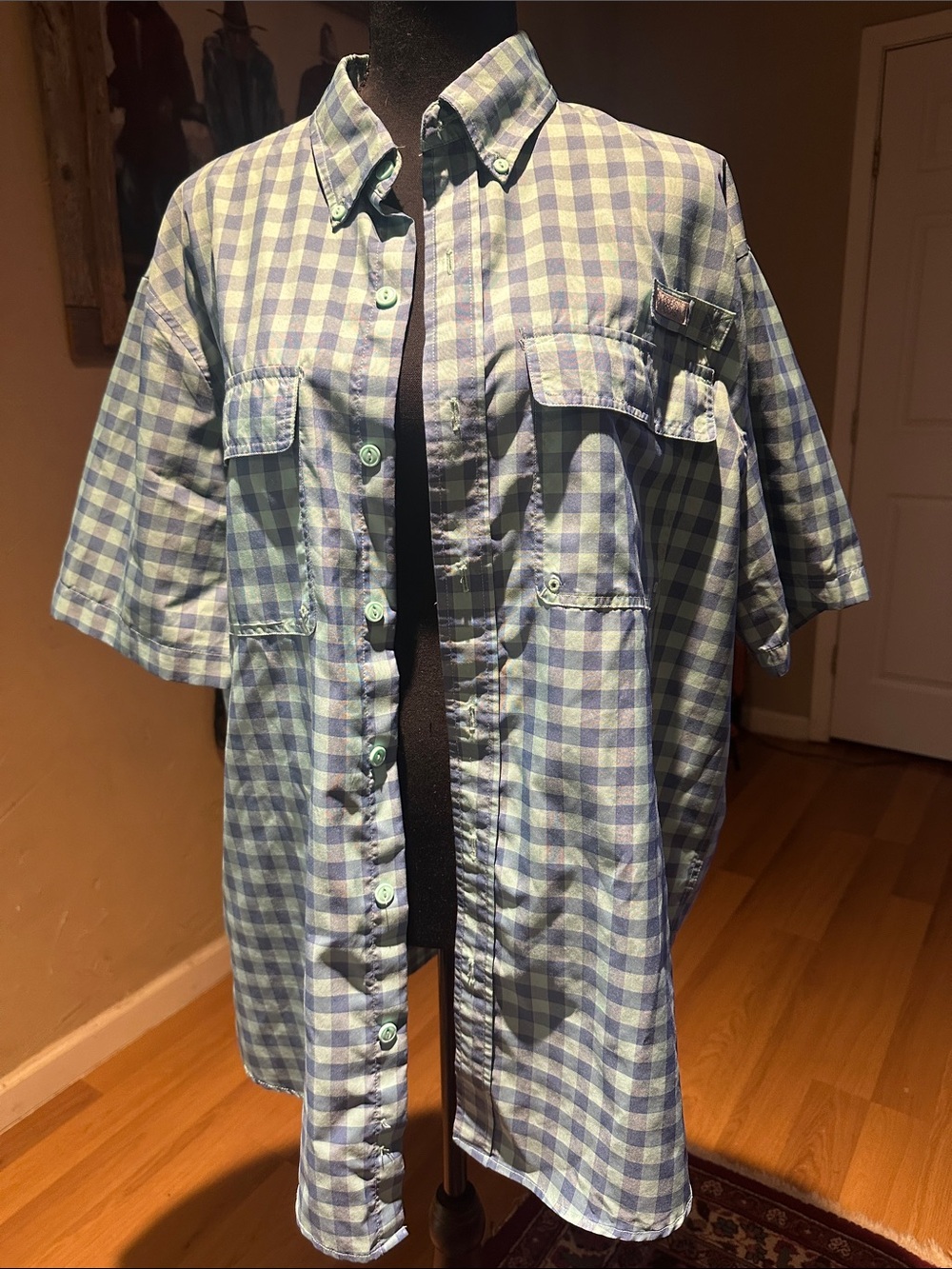 Light Blue & Mint Green Gingham Short Sleeve Button-Up